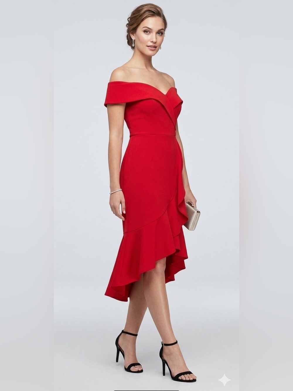 Xscape Structured Off Shoulder Ruffle Dress Red High Low Sweetheart Formal 14